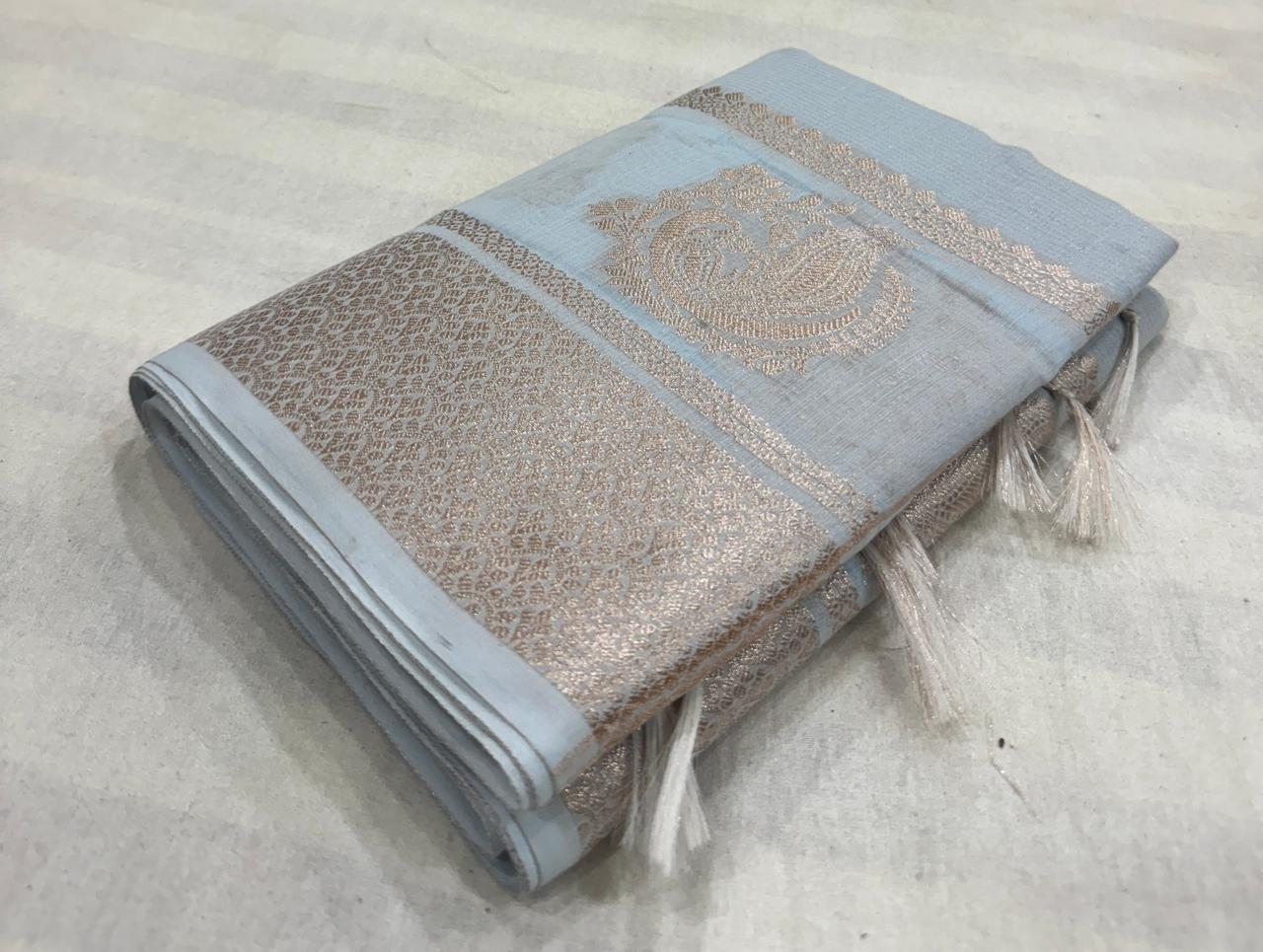 Pure Banarasi Linen Cotton Silk Saree with Copper Zari Border